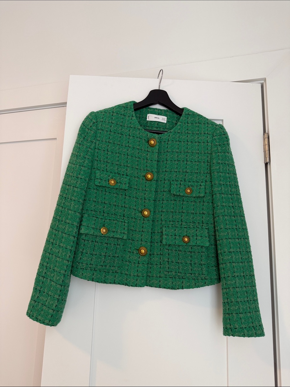 Mango Emerald Green Tweed Jacket with Gold Buttons